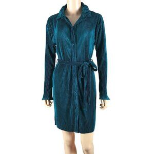 INMOD Teal Satin Long Sleeve Pleated Mini Shirt Dress SMALL